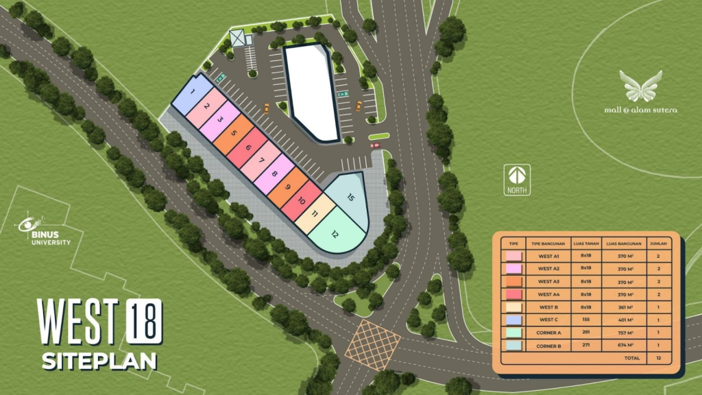 Siteplan Ruko West 18 dengan plot kavling tiap unit dari no1 - no 15